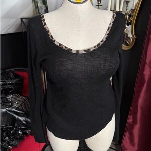 Y2K Black Long Sleeve Top with Leopard Trim